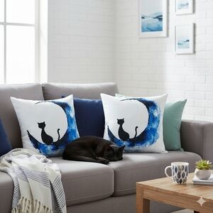 Whimsical Black Cat Moon Cushion Covers 18"x18" Set Of 2 Zippered Polyester